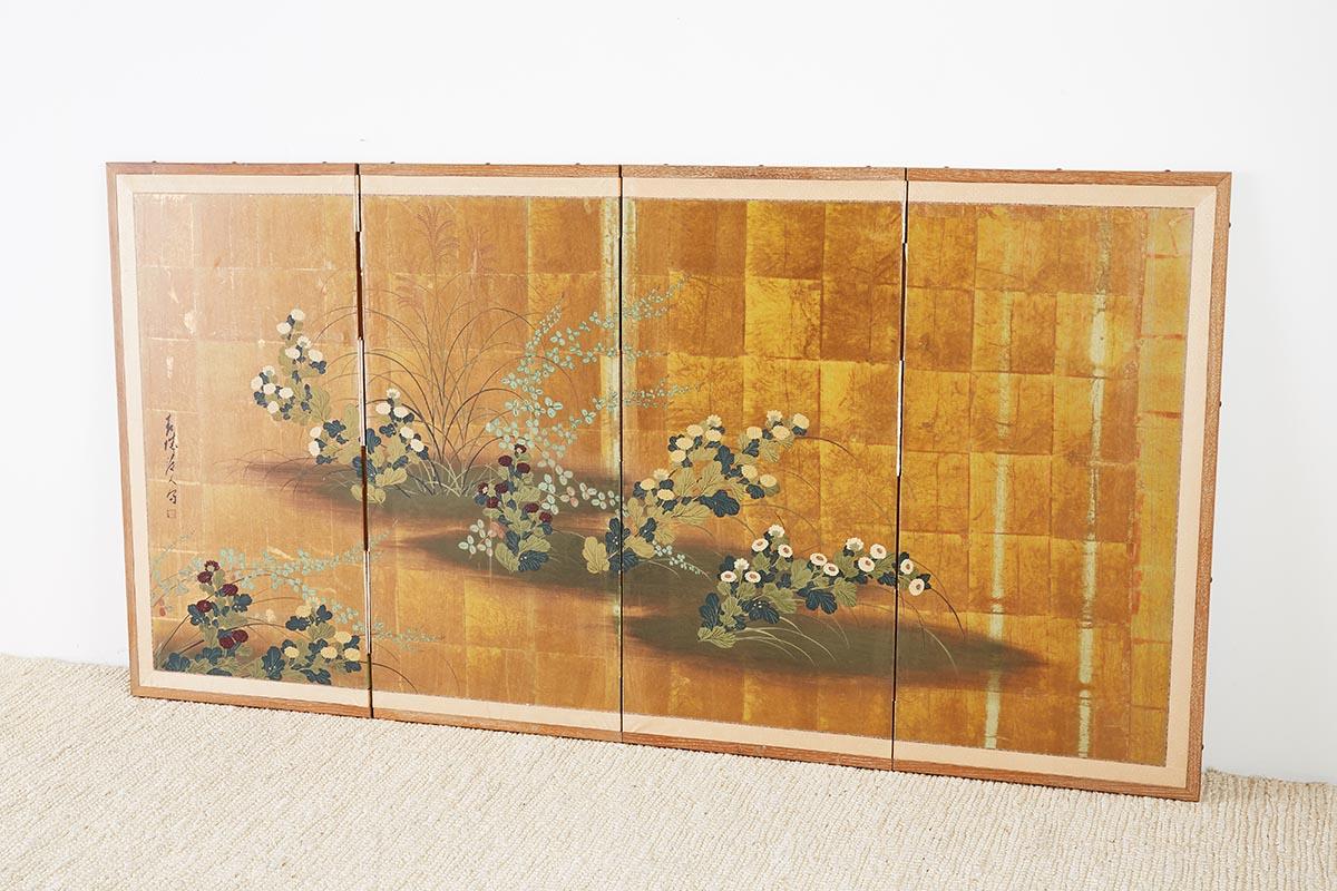 Japanese Four Panel Floral Gold Leaf Byobu Screen 11