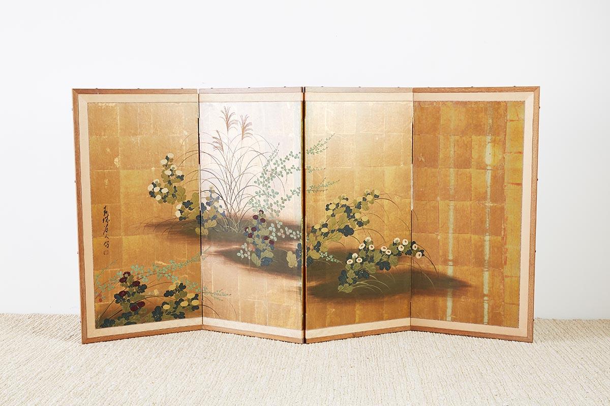 Japanese Four Panel Floral Gold Leaf Byobu Screen 12