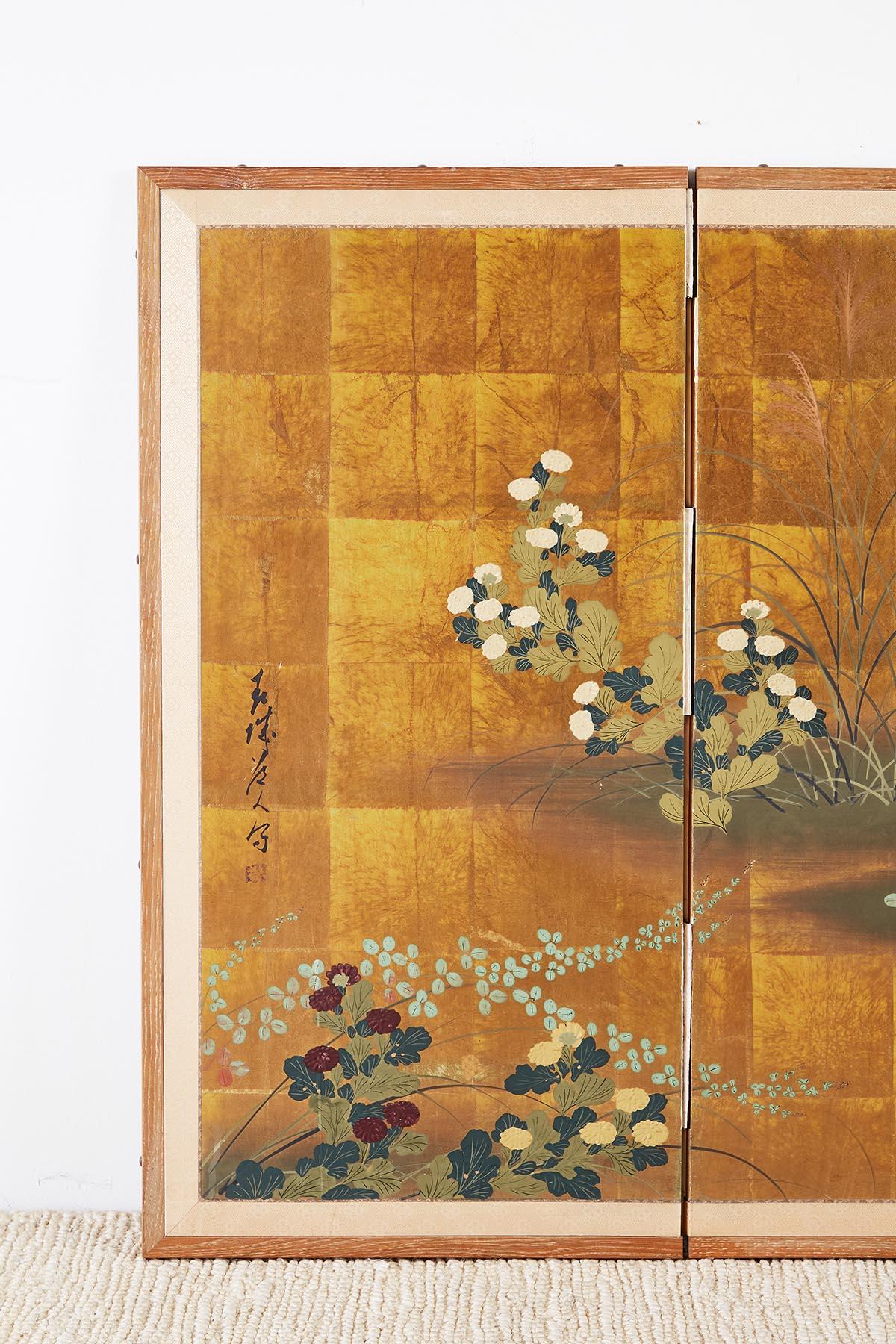 Cerused Japanese Four Panel Floral Gold Leaf Byobu Screen