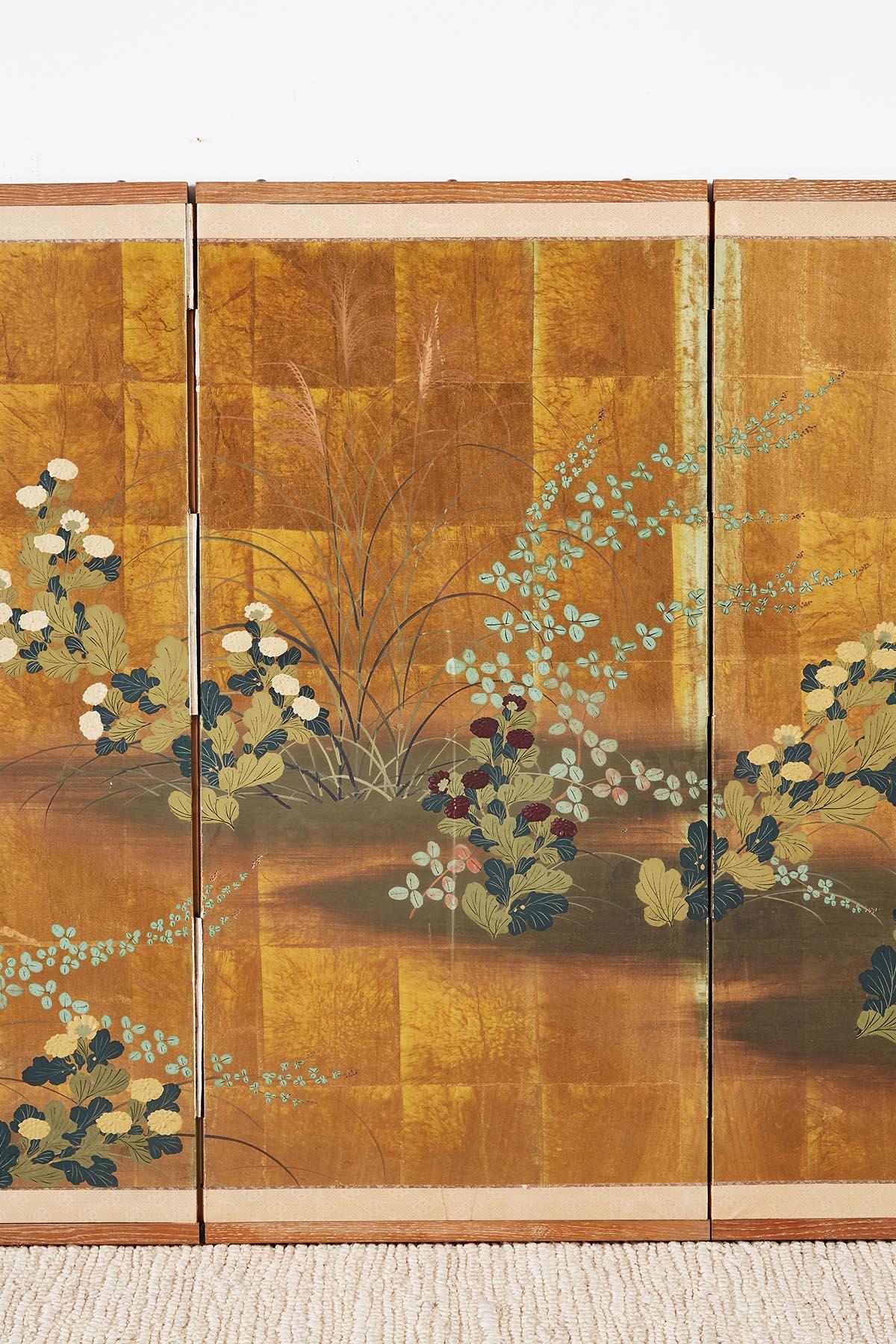 Japanese Four Panel Floral Gold Leaf Byobu Screen In Good Condition In Rio Vista, CA