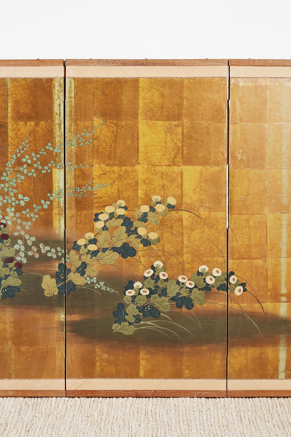 20th Century Japanese Four Panel Floral Gold Leaf Byobu Screen
