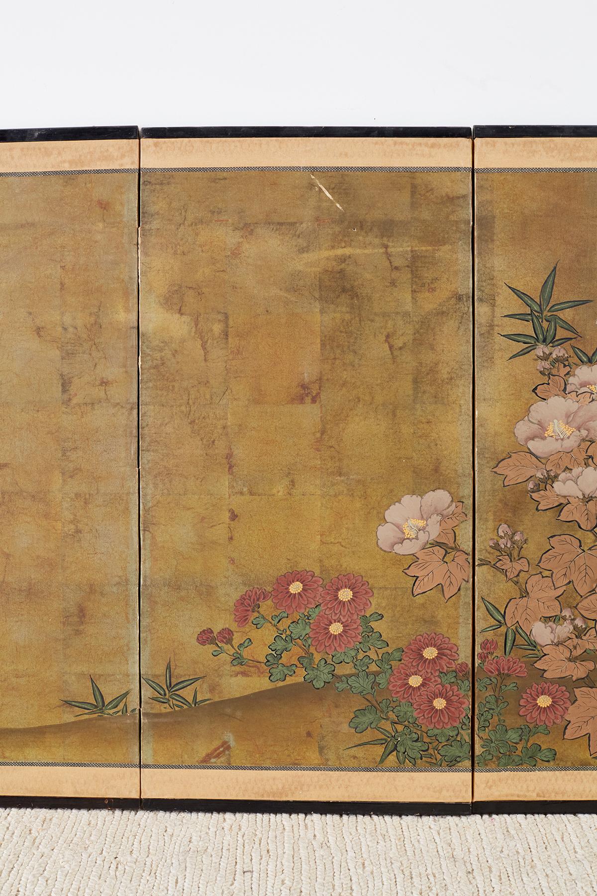 Lacquered Japanese Four-Panel Flowers of Autumn Byobu Screen