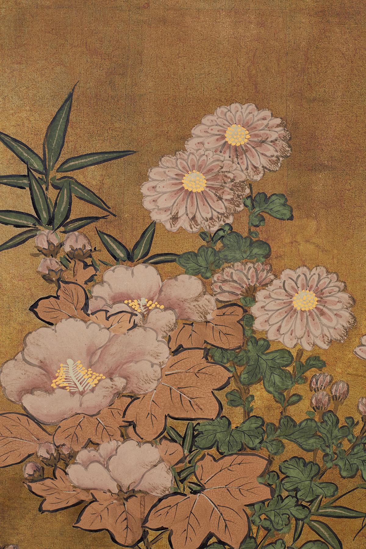 Silk Japanese Four-Panel Flowers of Autumn Byobu Screen