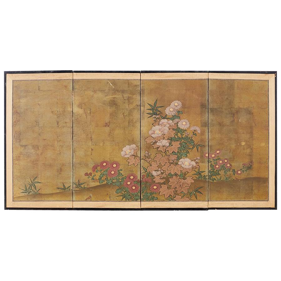 Japanese Four-Panel Flowers of Autumn Byobu Screen