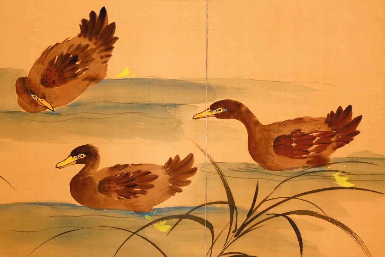 Brass Japanese Style Four Panel Folding Screen with Ducks