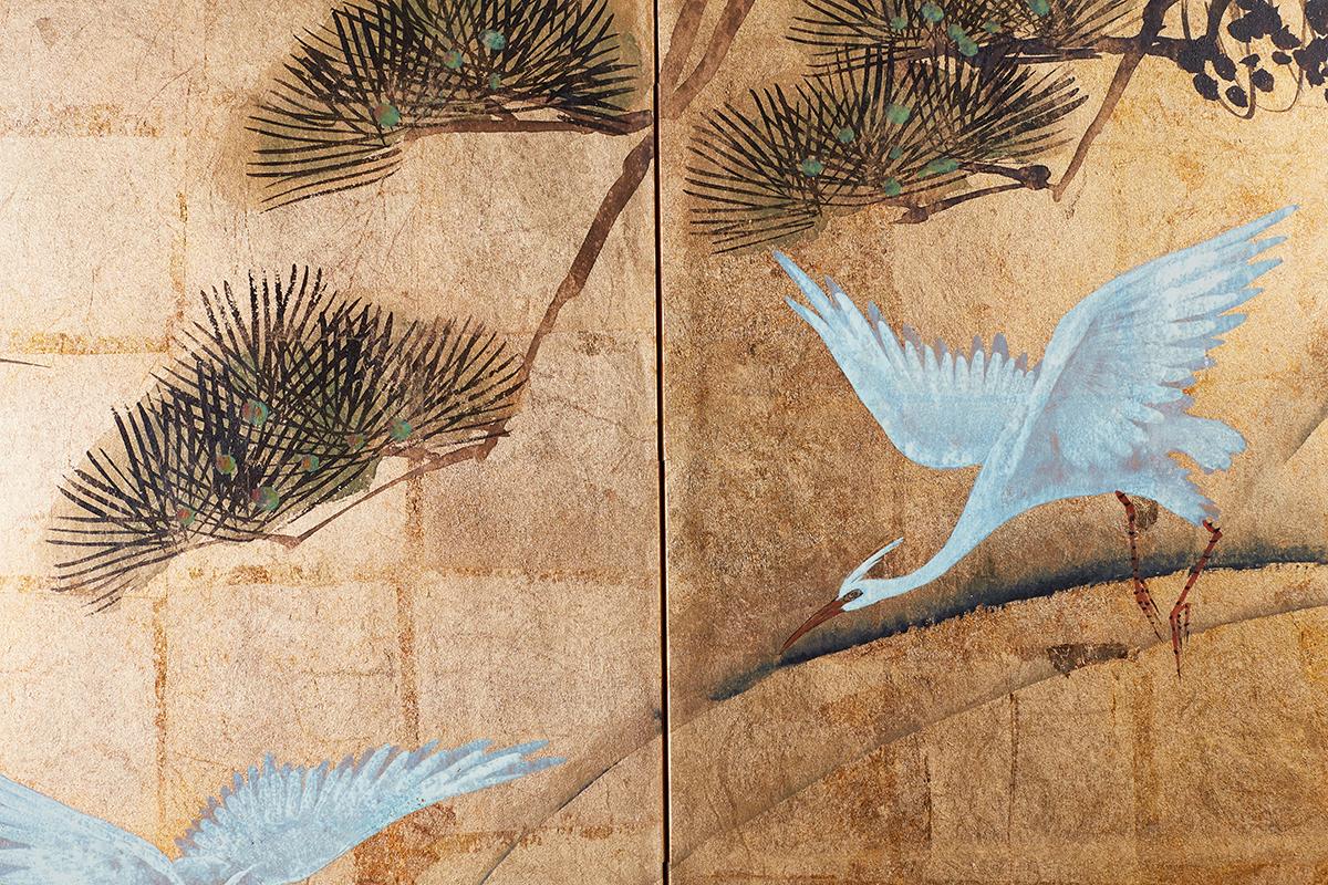 Japanese Four-Panel Gold Leaf Byobu Screen with Cranes 5