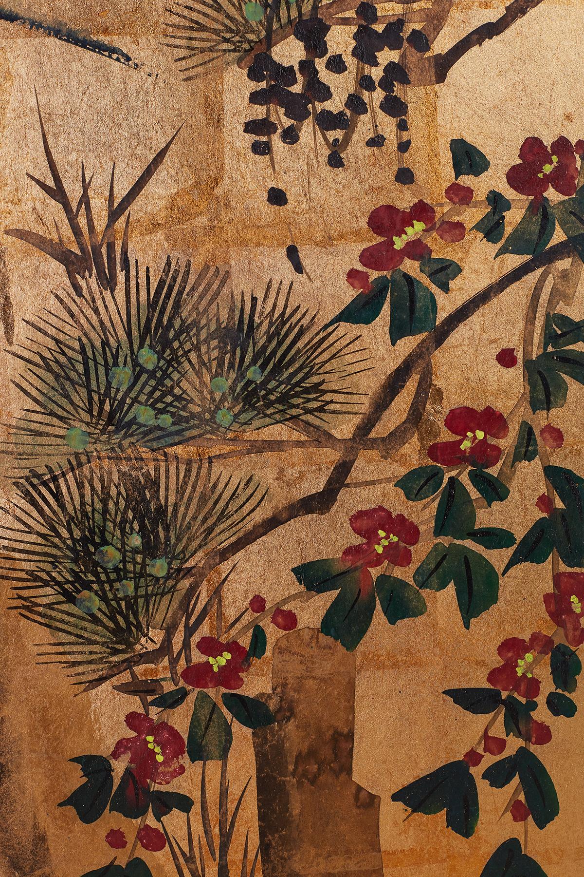 Japanese Four-Panel Gold Leaf Byobu Screen with Cranes 8