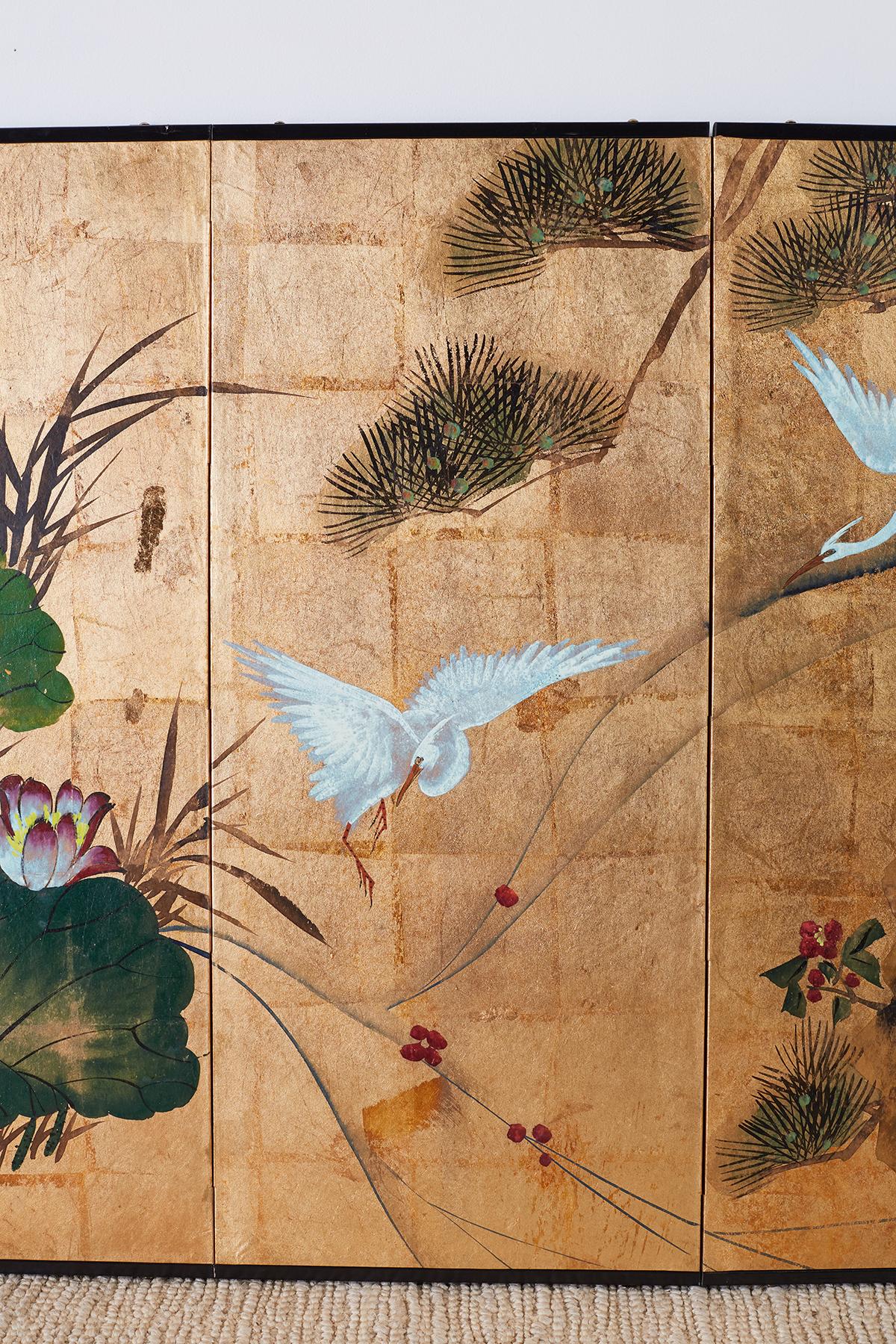 Ebonized Japanese Four-Panel Gold Leaf Byobu Screen with Cranes