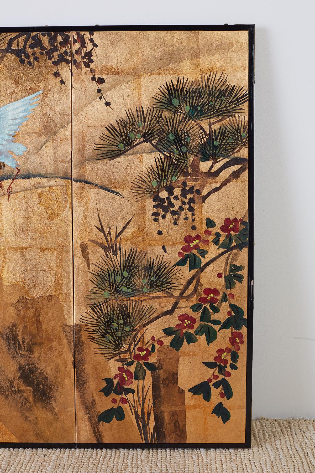 20th Century Japanese Four-Panel Gold Leaf Byobu Screen with Cranes