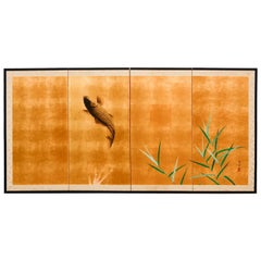 Japanese Four-Panel Gold Leaf Koi Screen