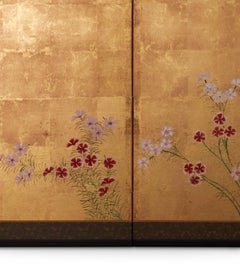 Japanese Four-Panel Gold Leaf Screen with Nadeshiko Flowers, Edo Period, c. 1750