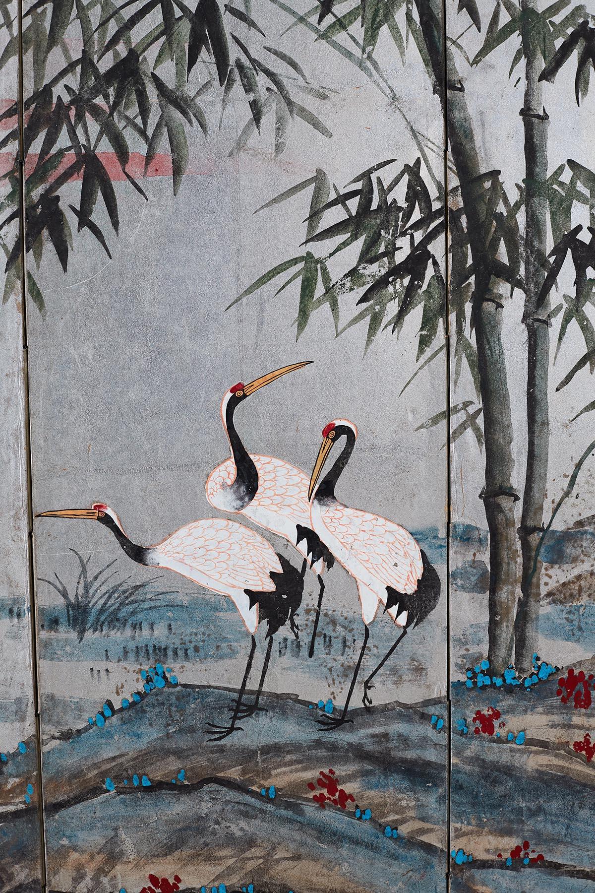 Japanese Four-Panel Kano School Manchurian Crane Screen 2