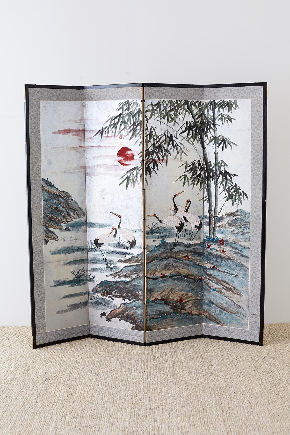 Japanese Four-Panel Kano School Manchurian Crane Screen 7