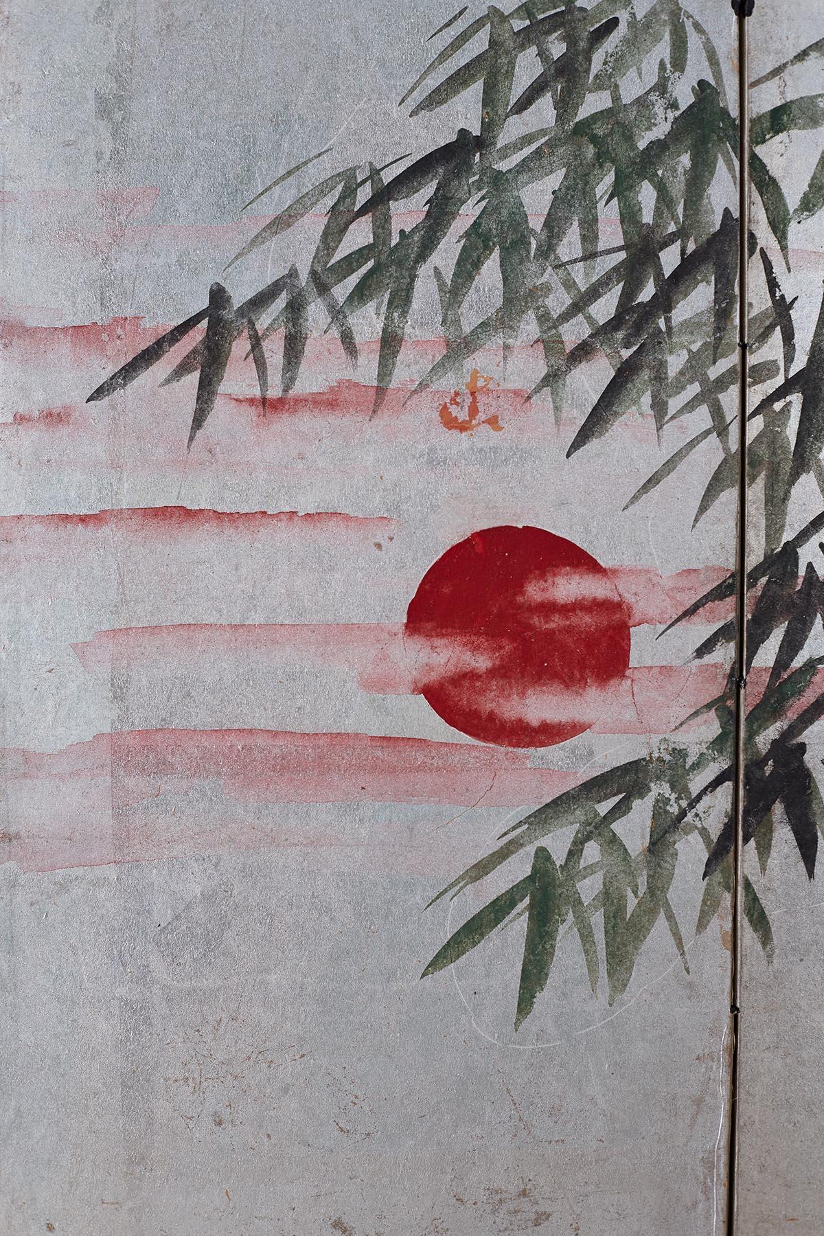 Japanese Four-Panel Kano School Manchurian Crane Screen 1