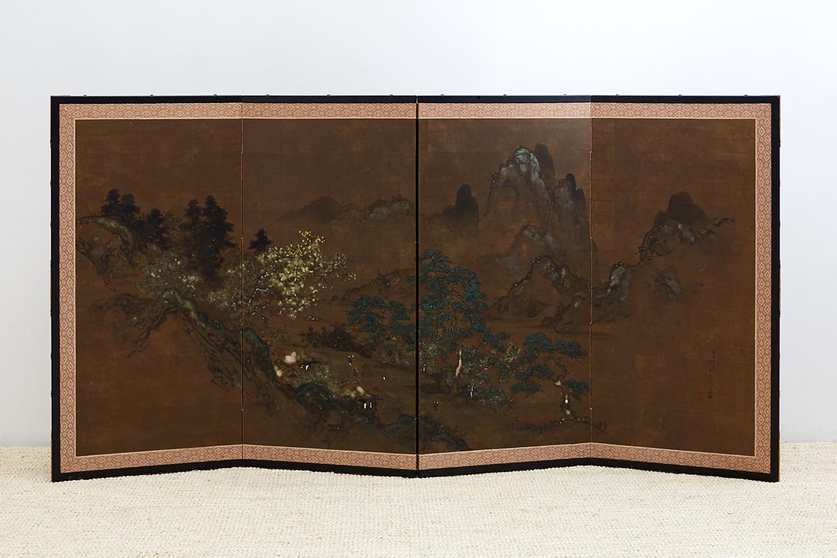 Edo Japanese Four Panel Landscape Byobu Screen