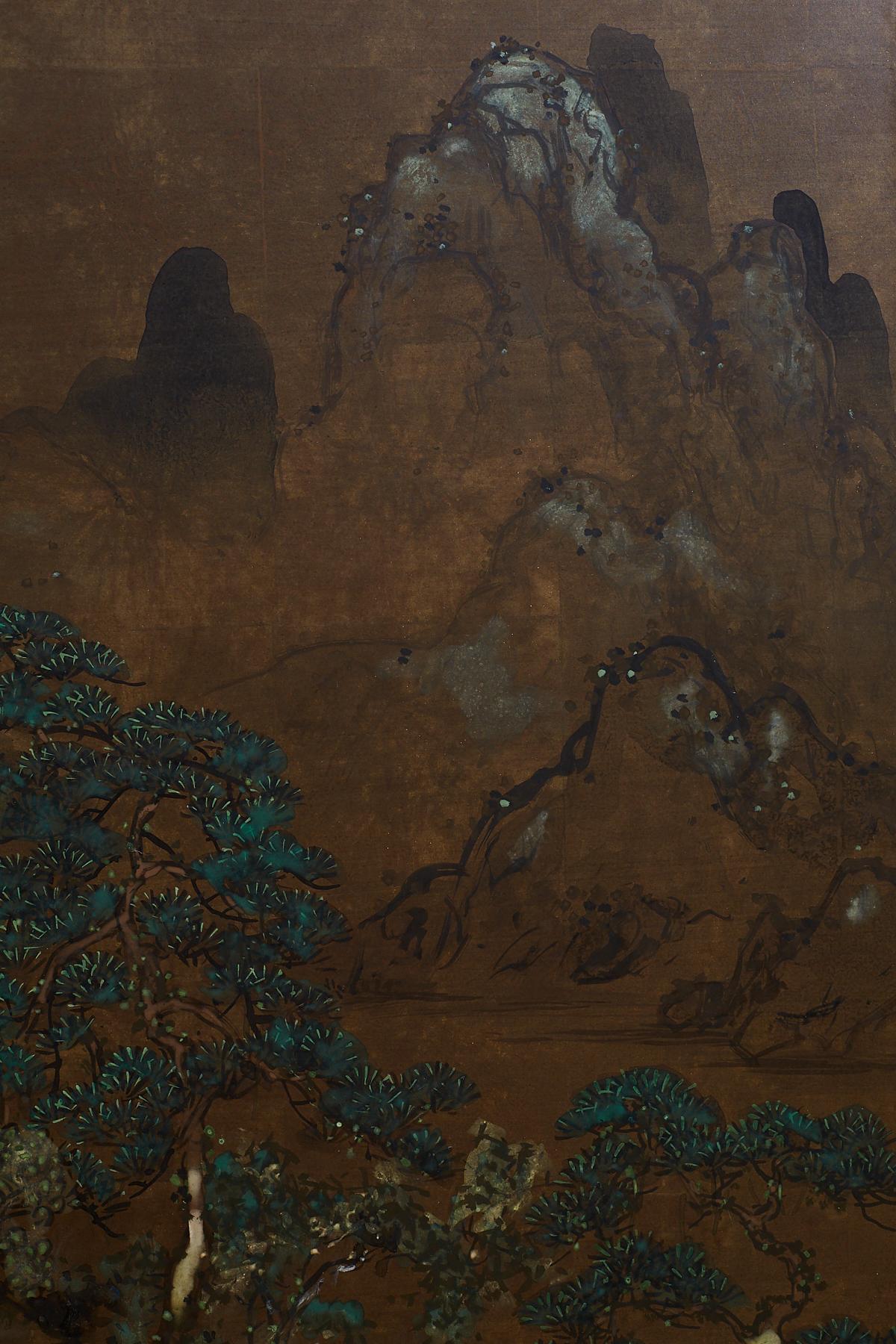 Brass Japanese Four Panel Landscape Byobu Screen