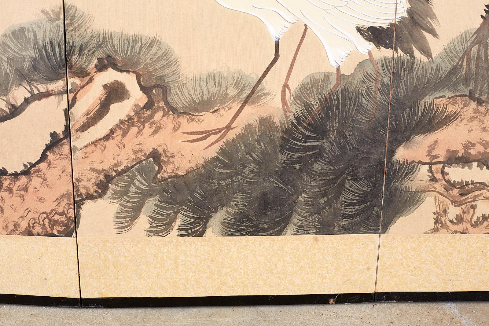 Japanese Four-Panel Longevity Screen of Pine Cranes 6