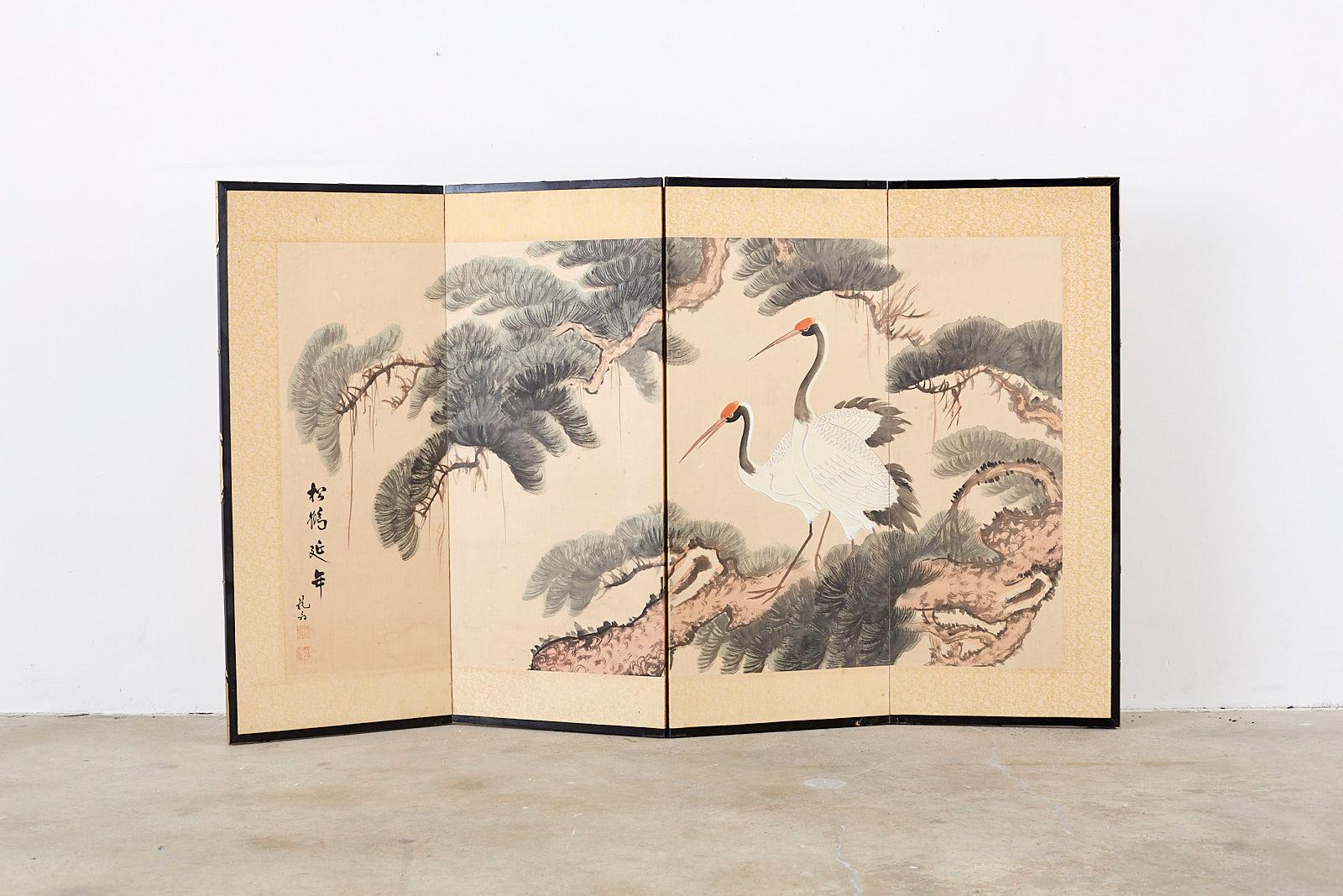 Edo Japanese Four-Panel Longevity Screen of Pine Cranes