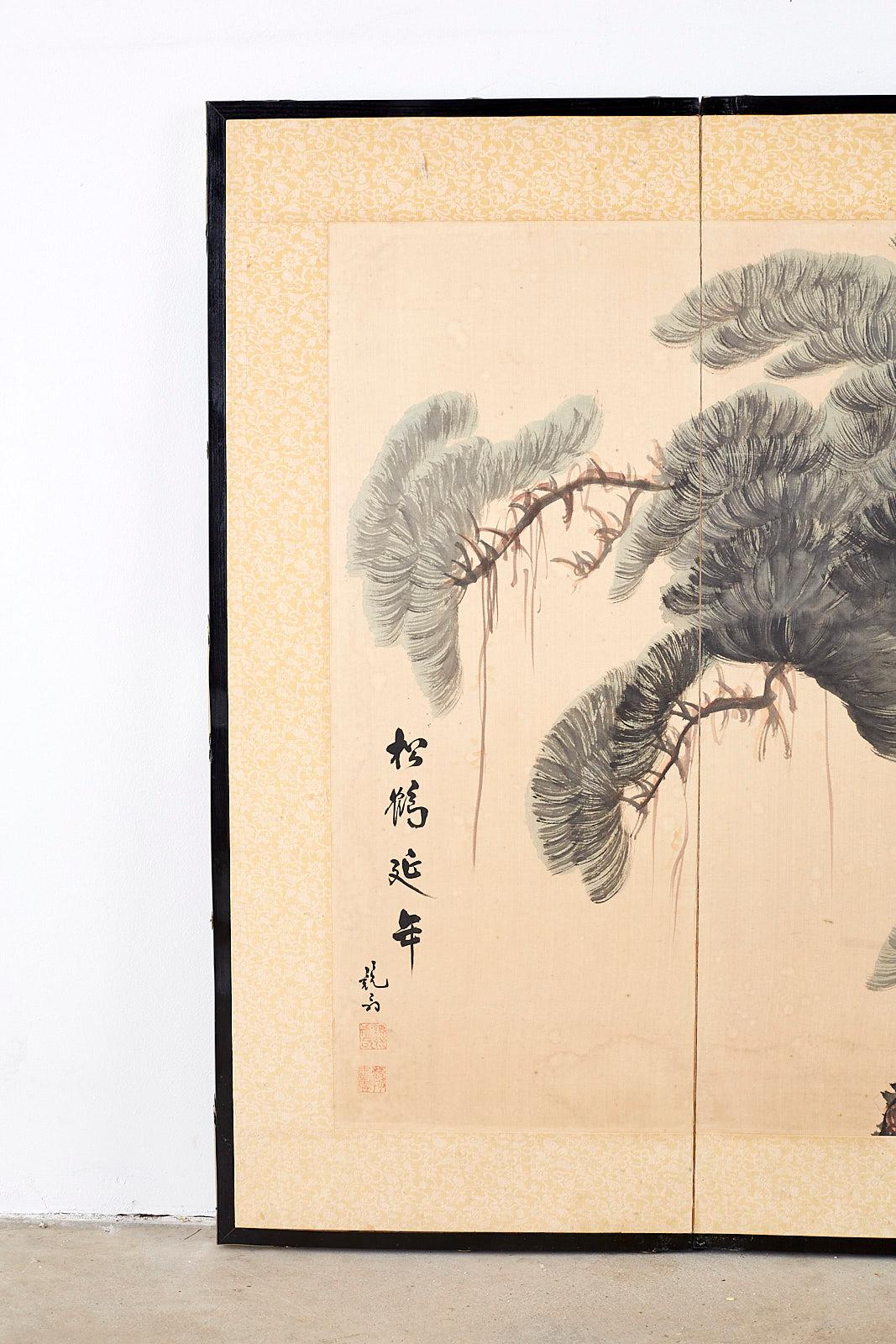 Lacquered Japanese Four-Panel Longevity Screen of Pine Cranes