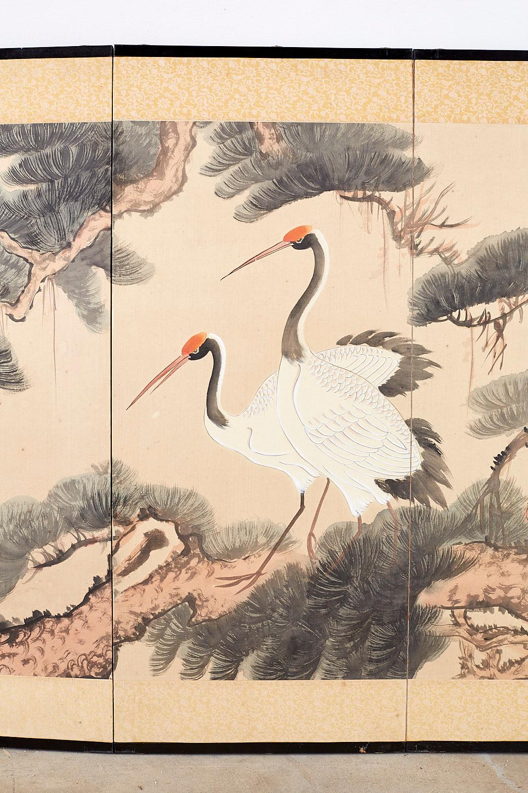 20th Century Japanese Four-Panel Longevity Screen of Pine Cranes