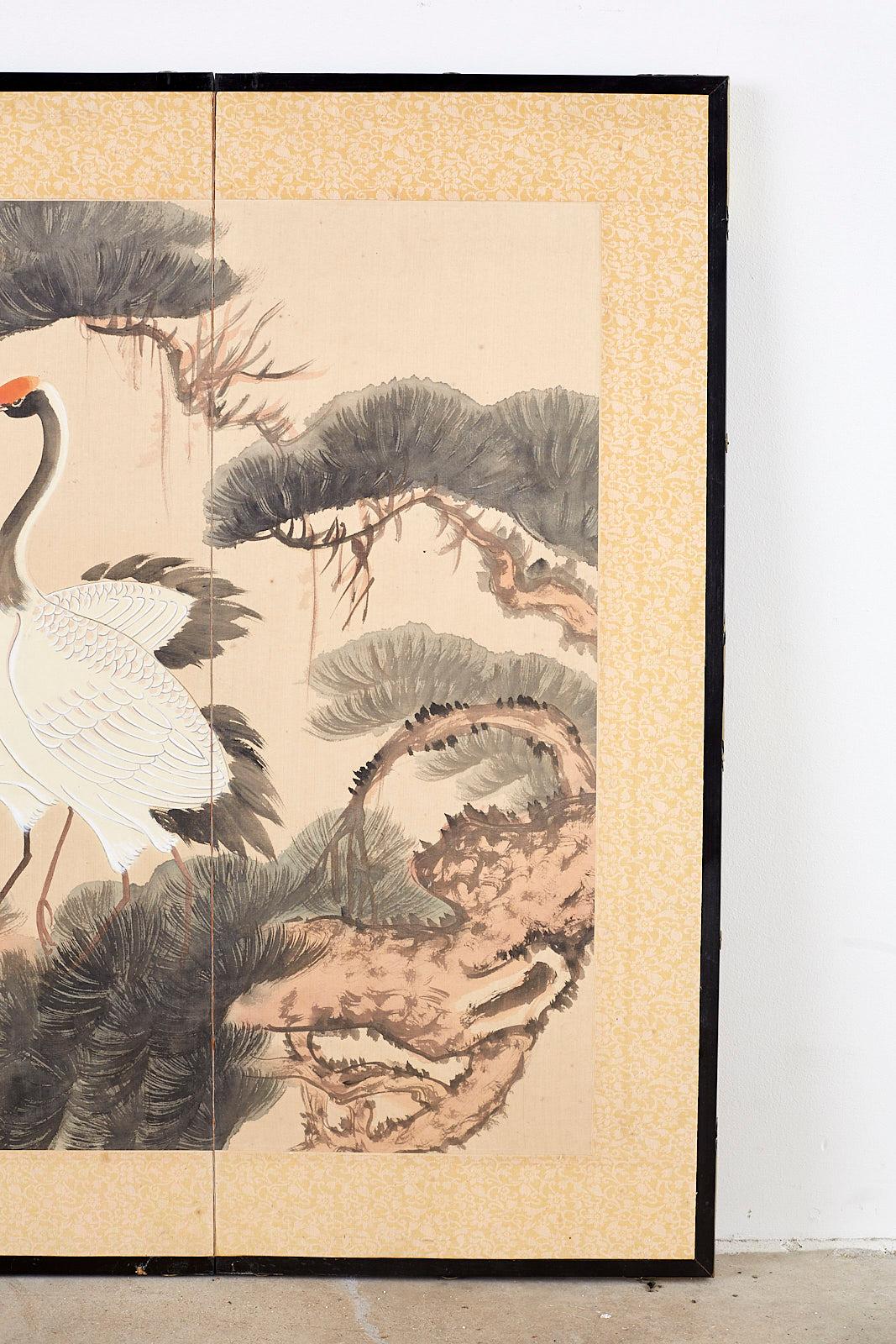 Wood Japanese Four-Panel Longevity Screen of Pine Cranes