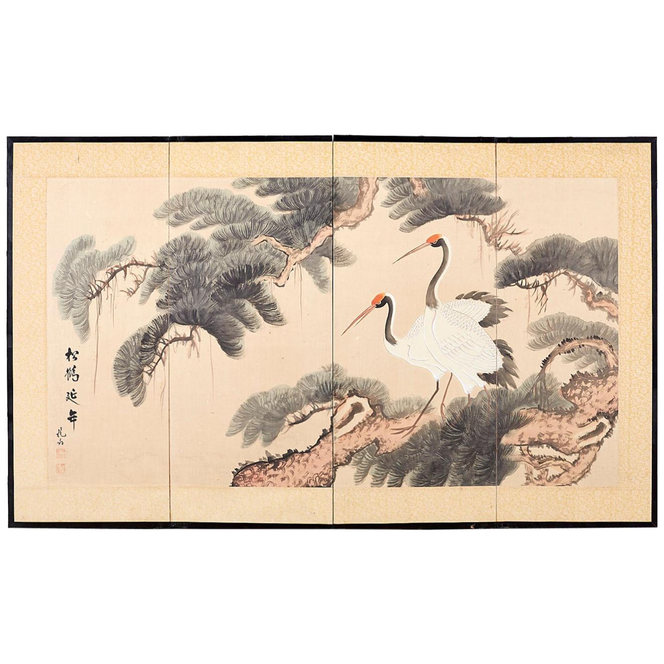 Japanese Four-Panel Longevity Screen of Pine Cranes