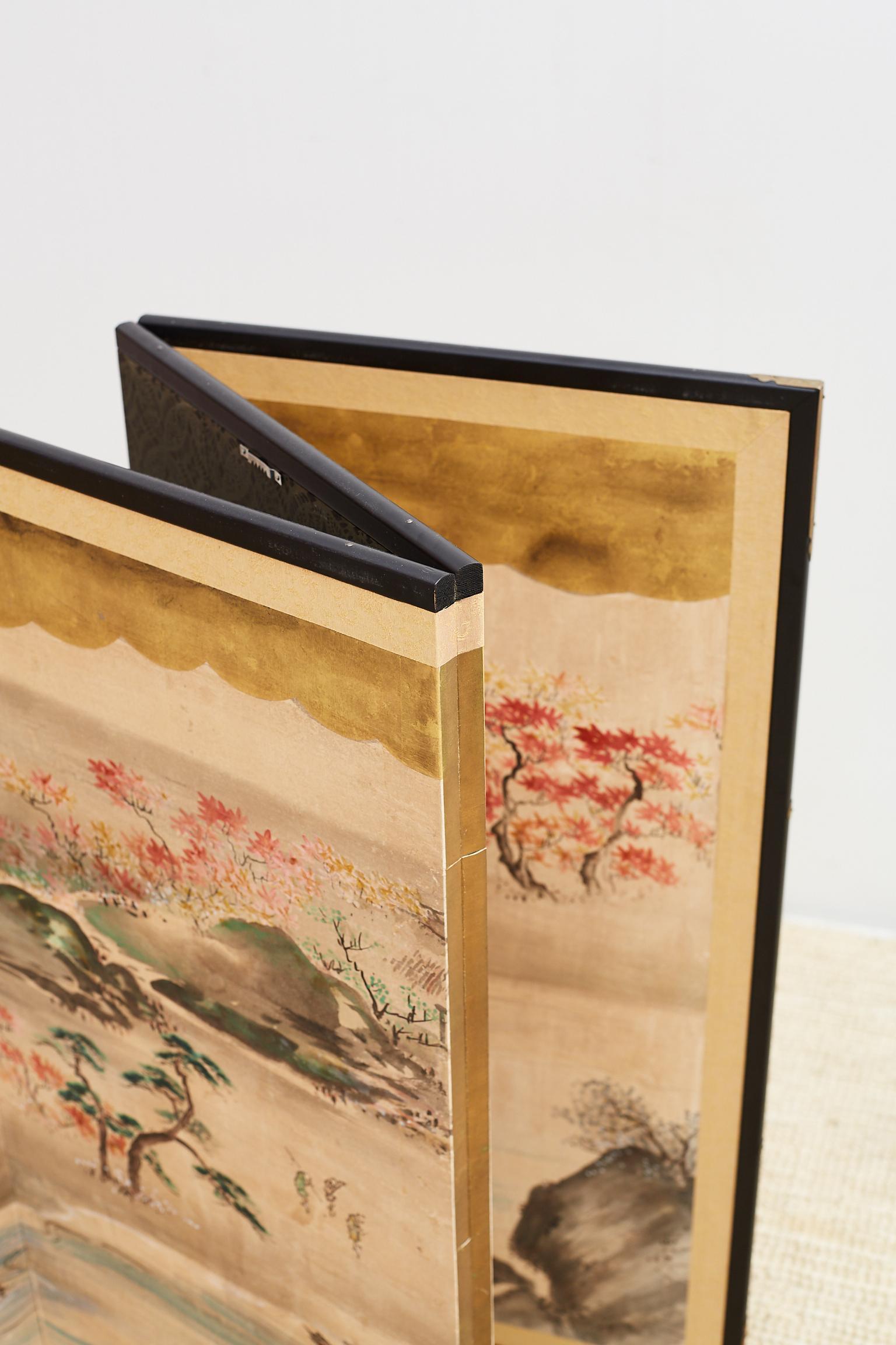 Japanese Four Panel Painted Landscape Screen with Gold Leaf 3