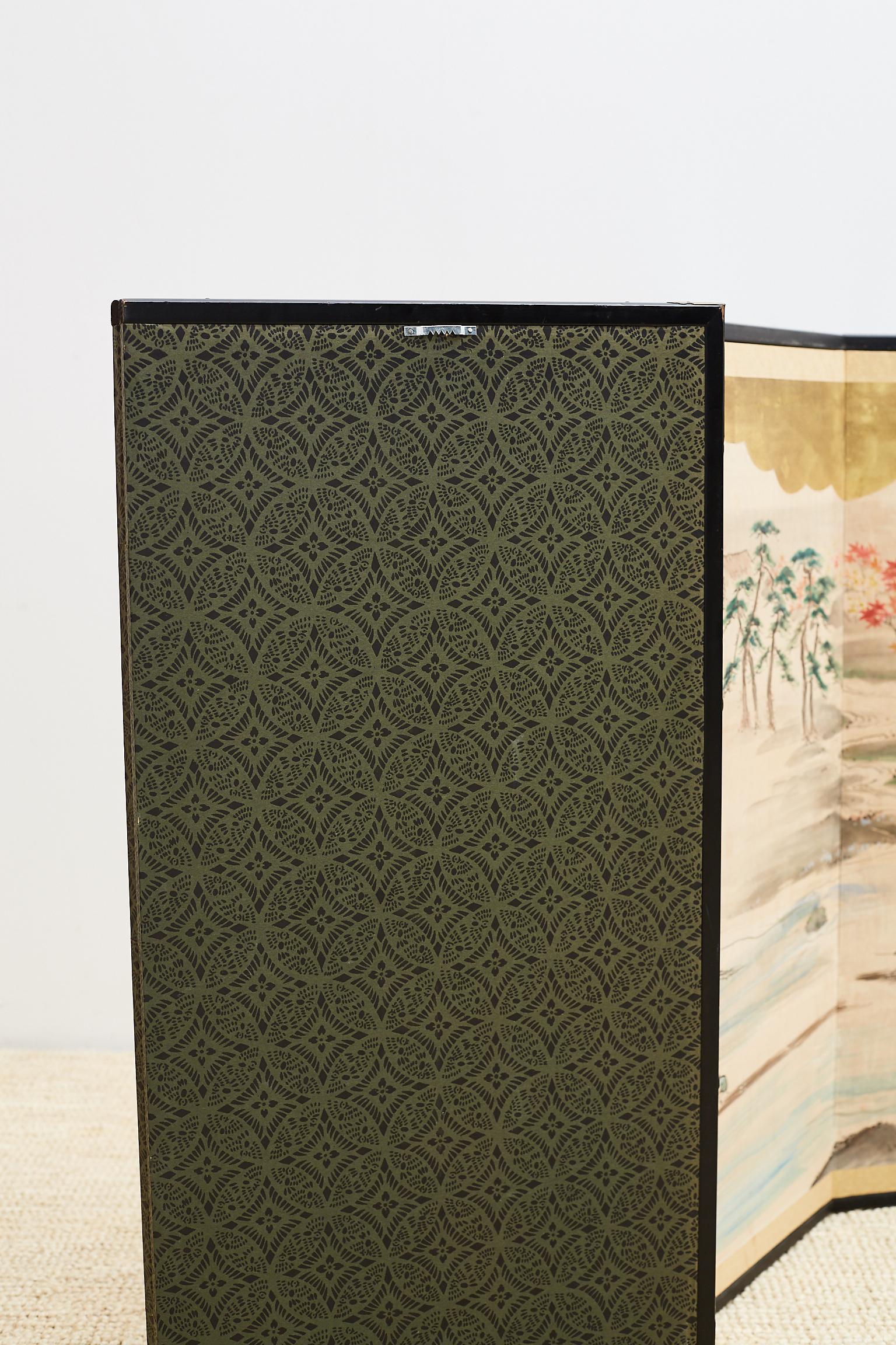 Japanese Four Panel Painted Landscape Screen with Gold Leaf 7