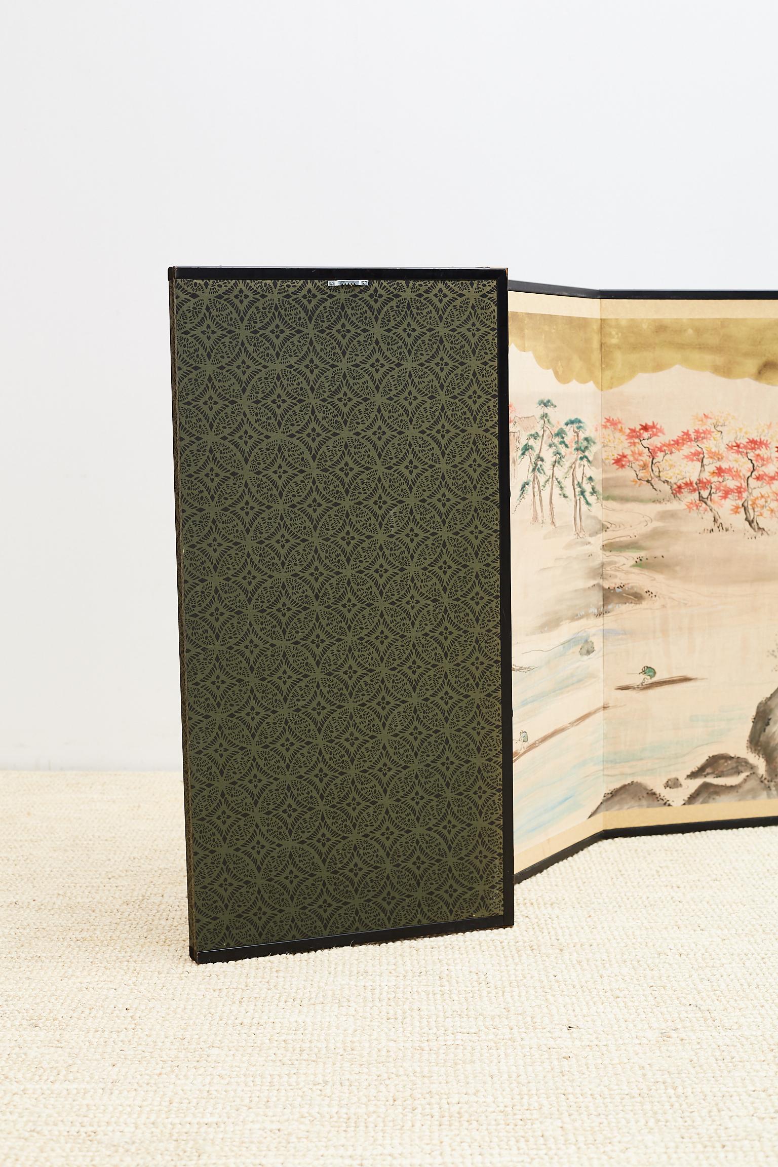 Japanese Four Panel Painted Landscape Screen with Gold Leaf 10