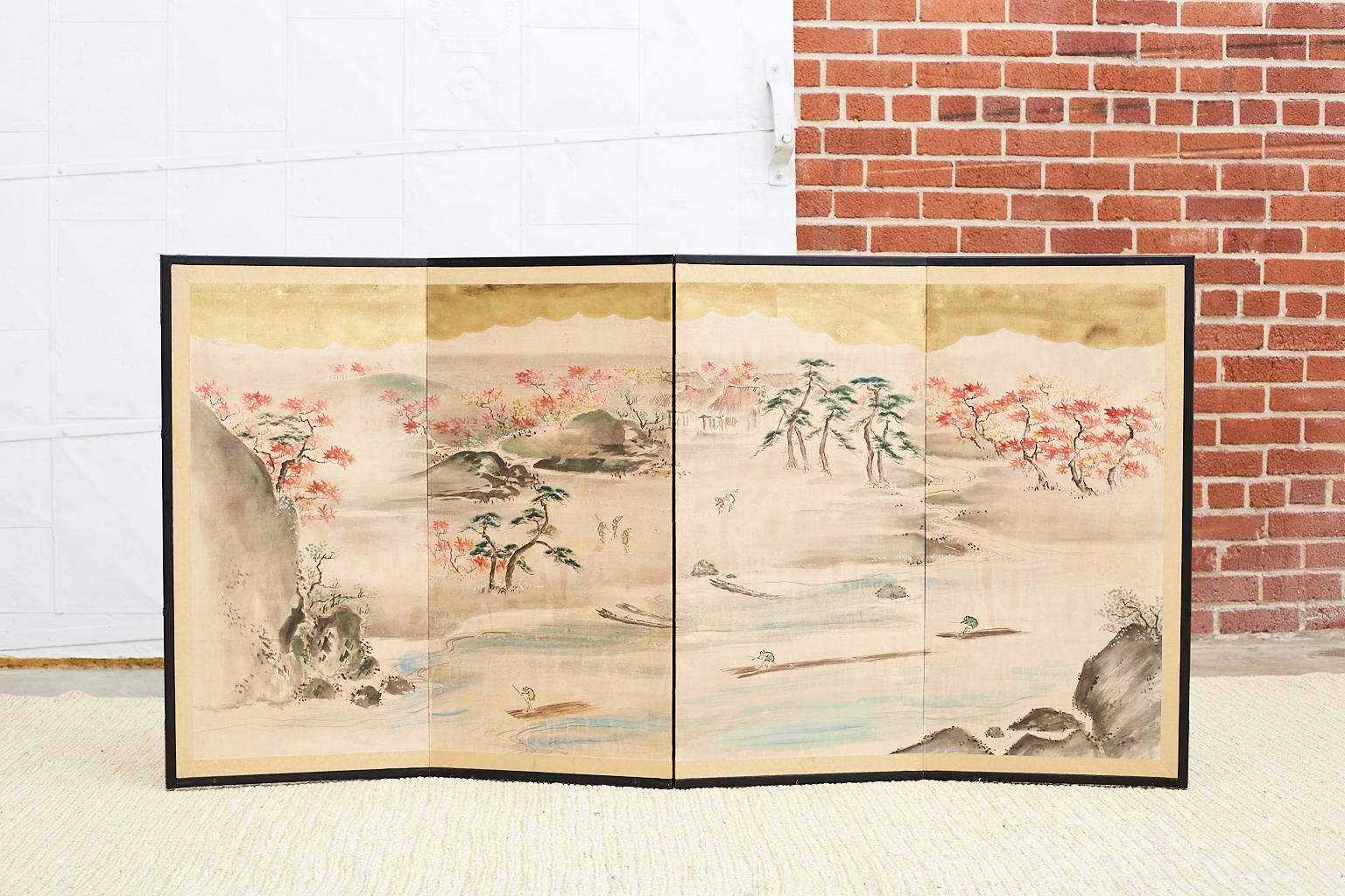 Japanese Four Panel Painted Landscape Screen with Gold Leaf 12