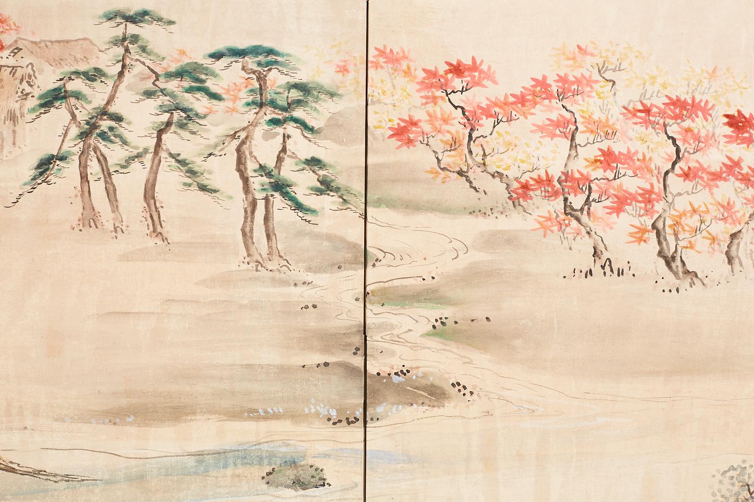 Ebonized Japanese Four Panel Painted Landscape Screen with Gold Leaf