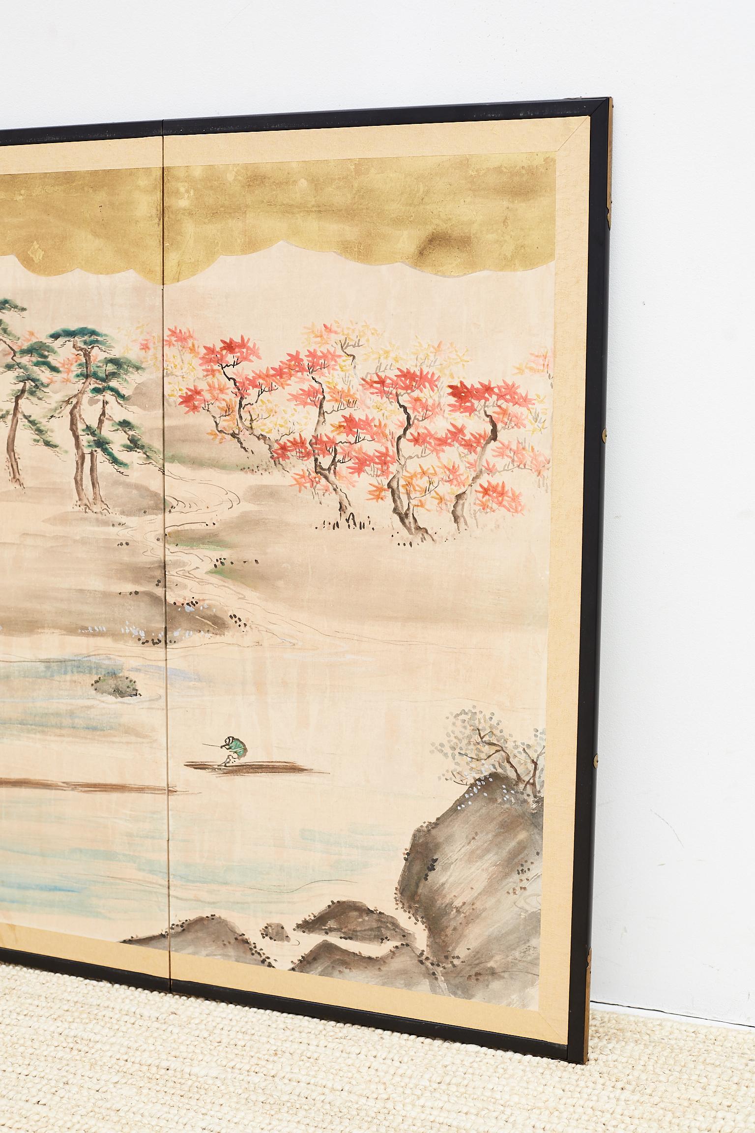 Japanese Four Panel Painted Landscape Screen with Gold Leaf In Good Condition In Rio Vista, CA