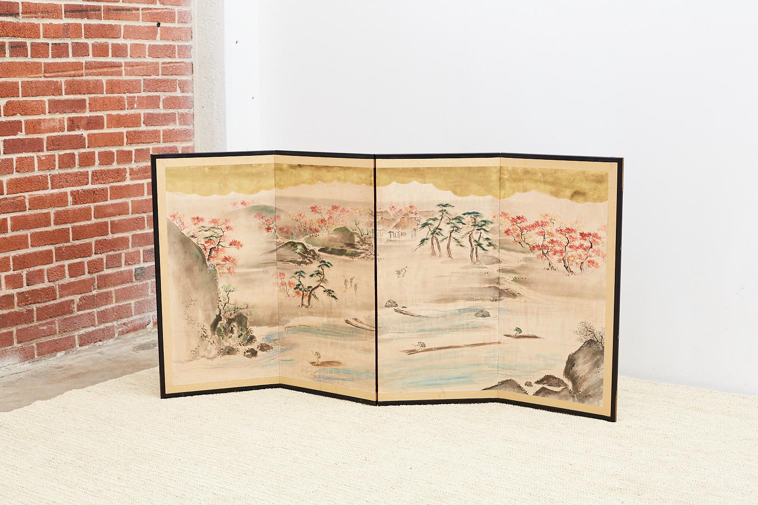 Brass Japanese Four Panel Painted Landscape Screen with Gold Leaf