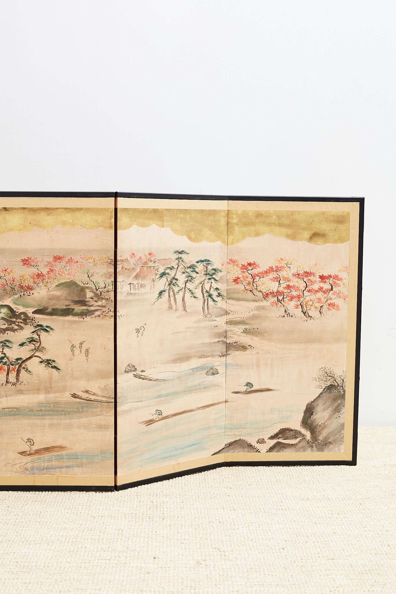 Japanese Four Panel Painted Landscape Screen with Gold Leaf 2