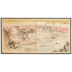 Japanese Four Panel Painted Landscape Screen with Gold Leaf