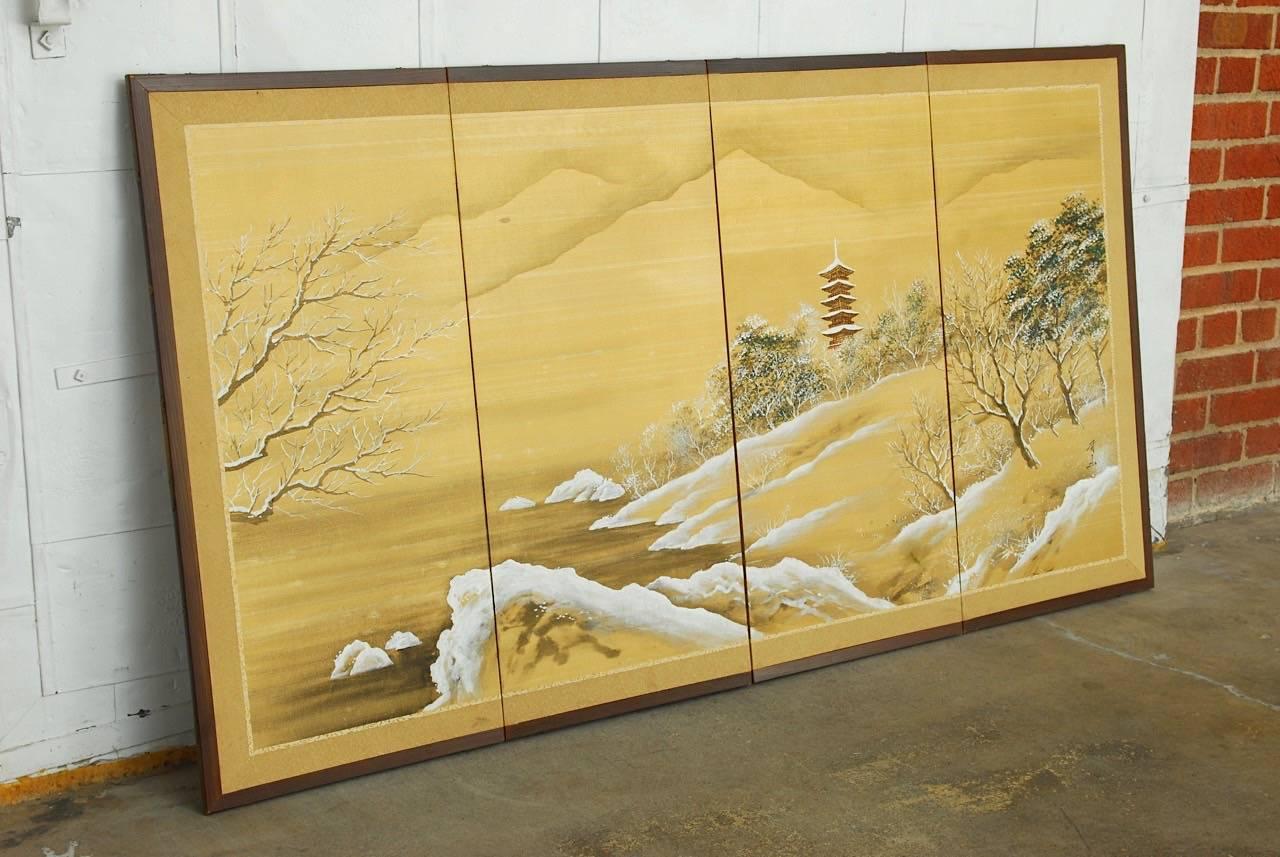 Japanese Four-Panel Painted Silk Landscape Byobu Screen 3