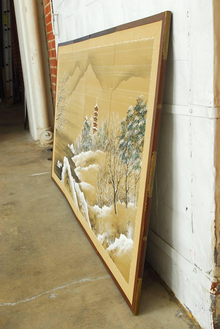 Japanese Four-Panel Painted Silk Landscape Byobu Screen 4