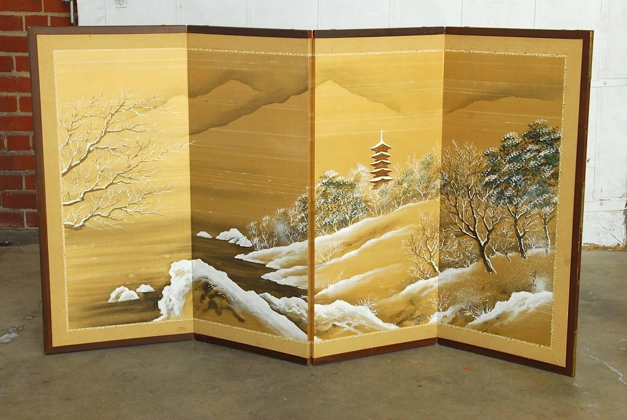 Japanese Four-Panel Painted Silk Landscape Byobu Screen 5