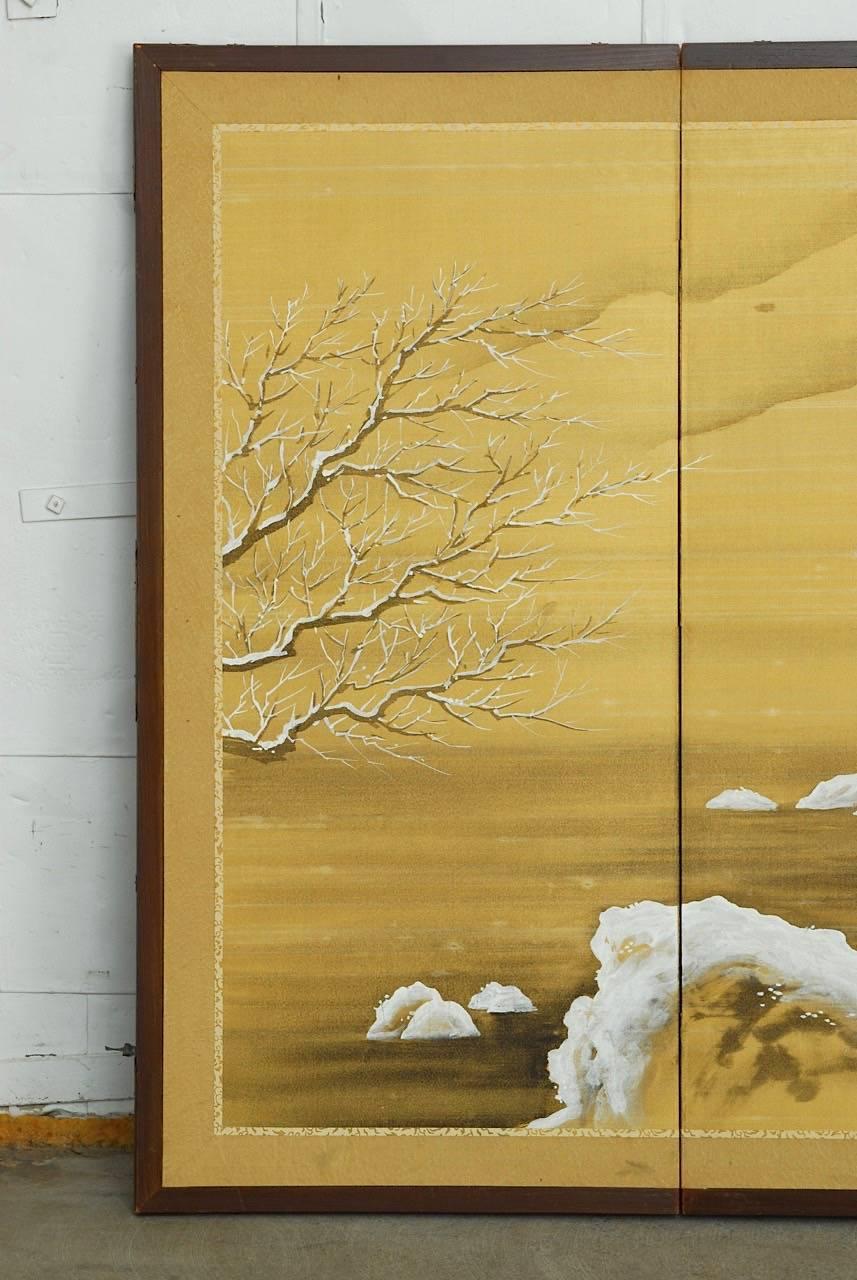 Meiji Japanese Four-Panel Painted Silk Landscape Byobu Screen
