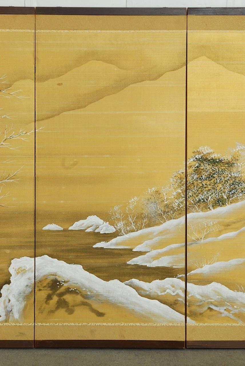 Hand-Painted Japanese Four-Panel Painted Silk Landscape Byobu Screen