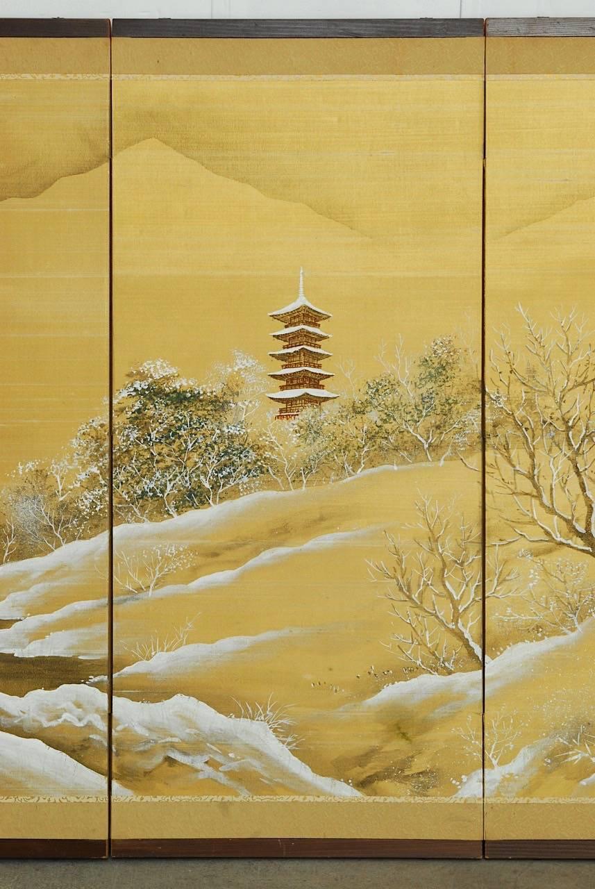 Japanese Four-Panel Painted Silk Landscape Byobu Screen In Excellent Condition In Rio Vista, CA