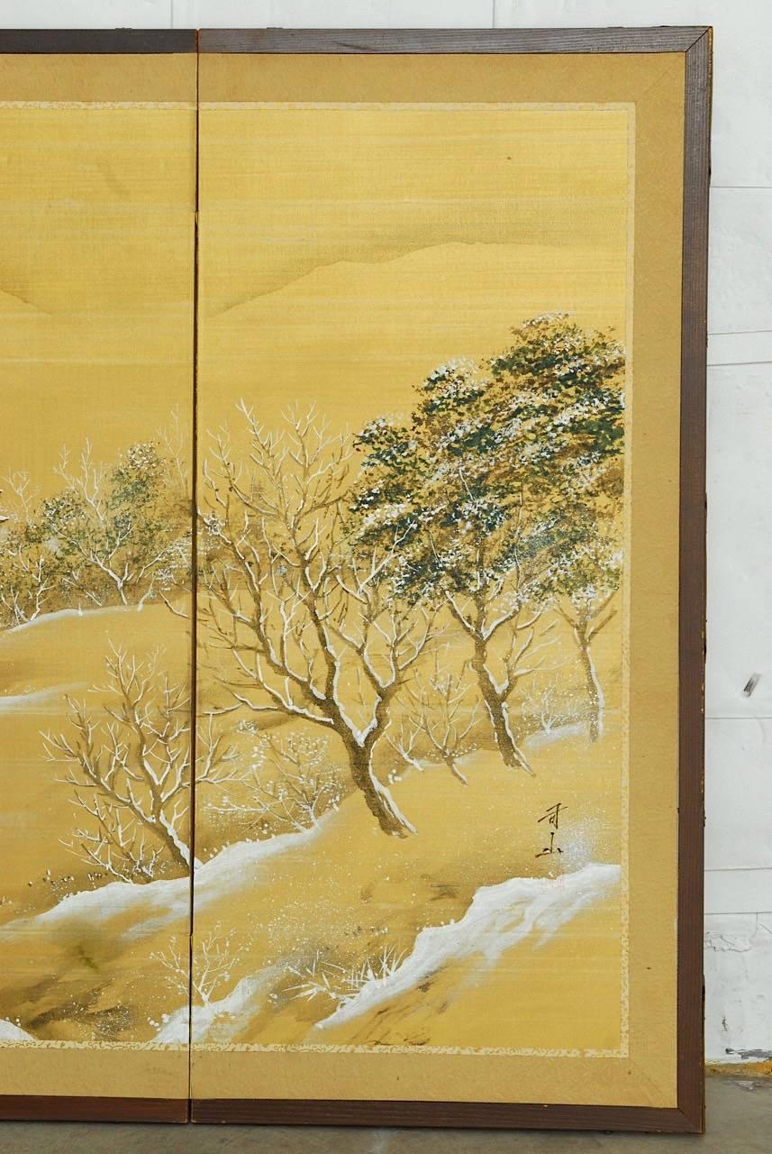 20th Century Japanese Four-Panel Painted Silk Landscape Byobu Screen