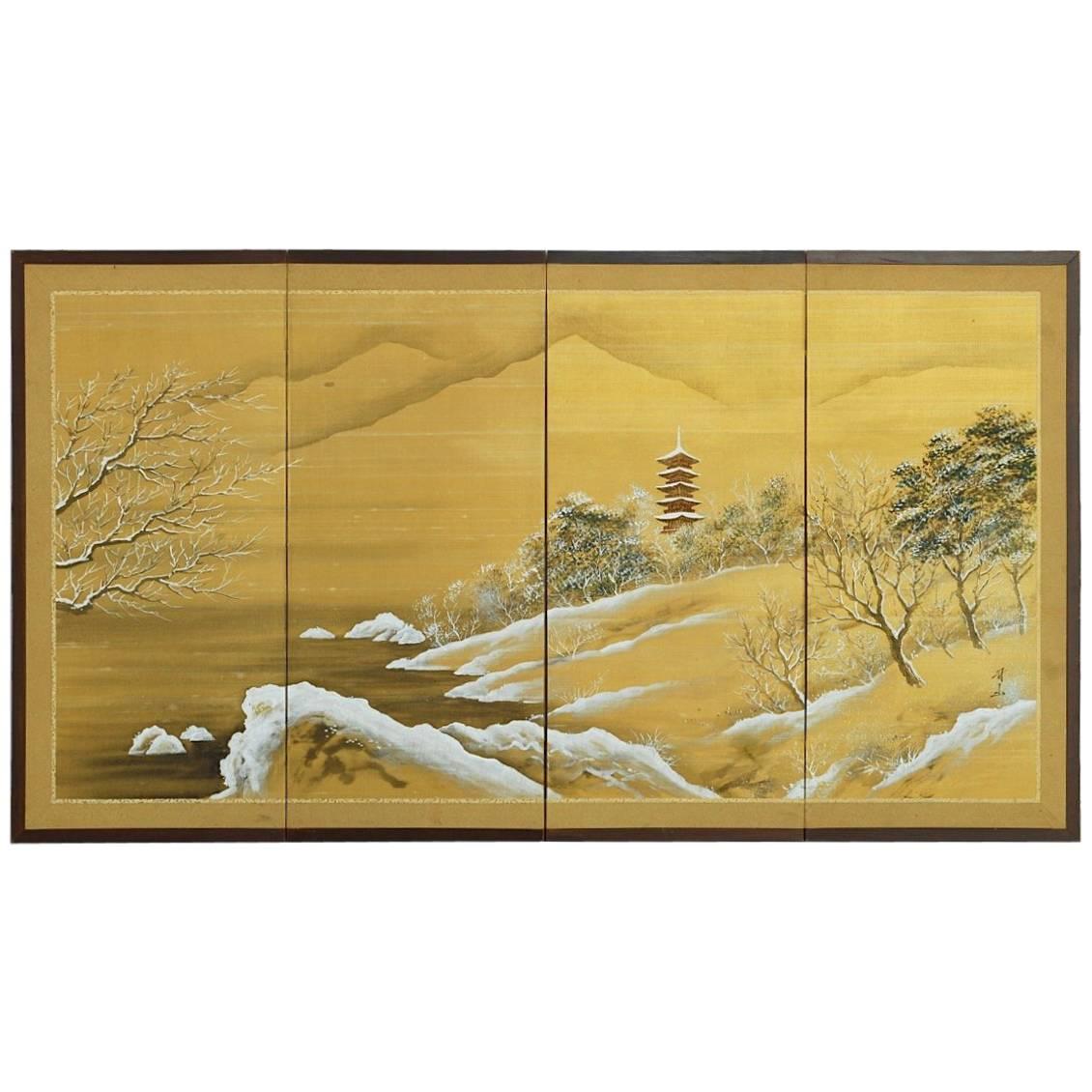 Japanese Four-Panel Painted Silk Landscape Byobu Screen