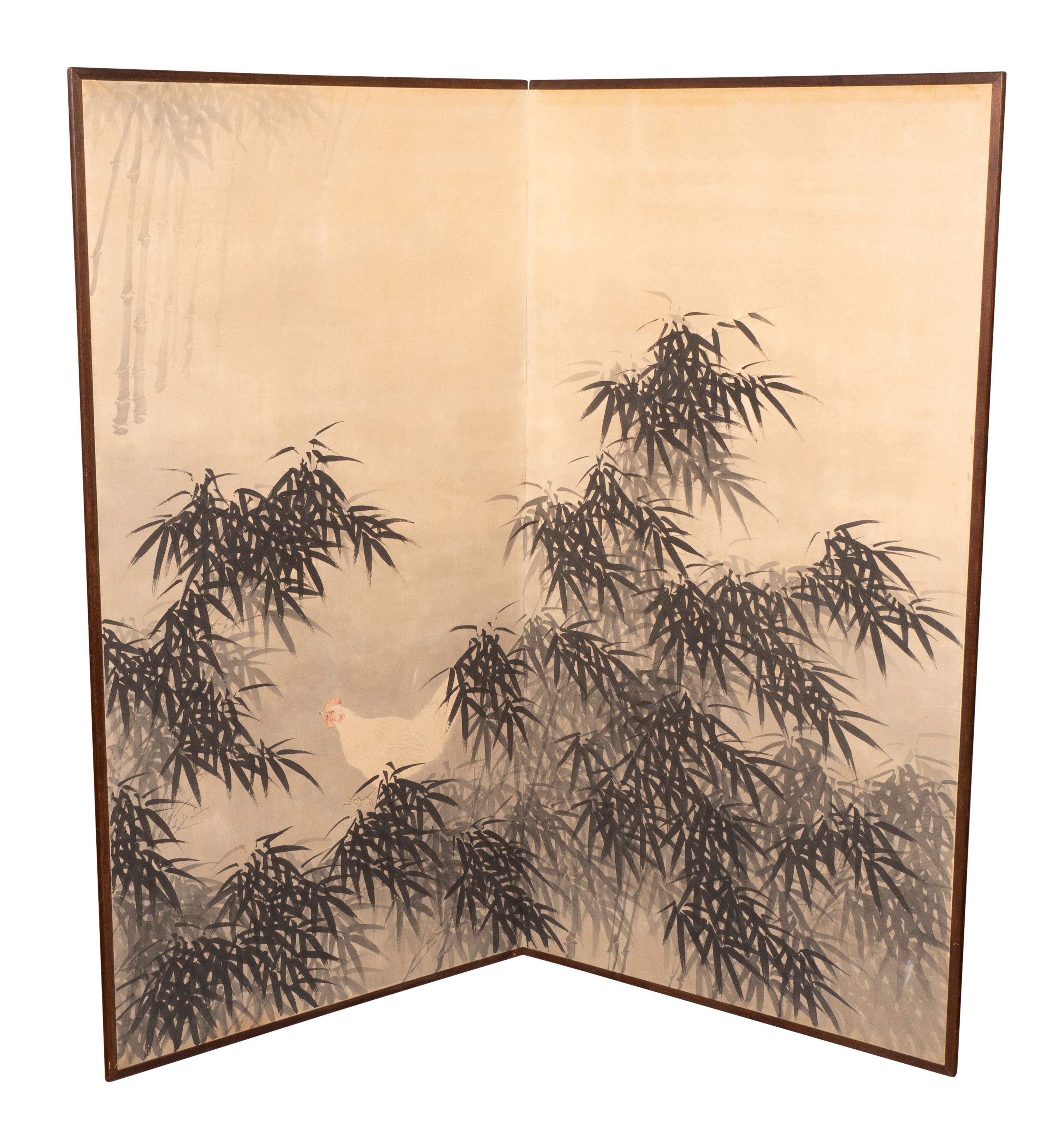 Two pairs of two screens with a rooster and a hen in amongst bamboo. Signed by the artist.