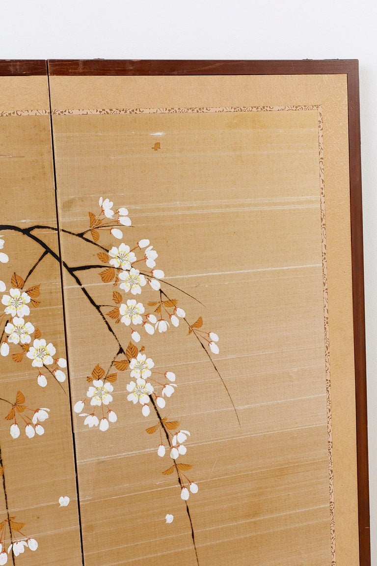Japanese Four-Panel Prunus Blossom on Silk Screen at 1stdibs