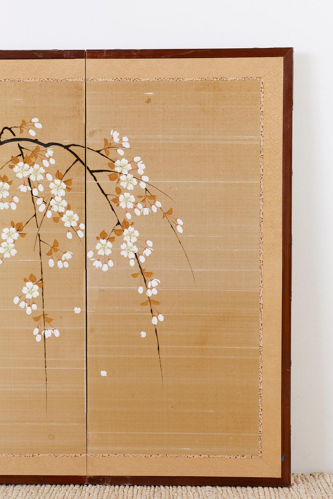 Showa Japanese Four-Panel Prunus Blossom on Silk Screen