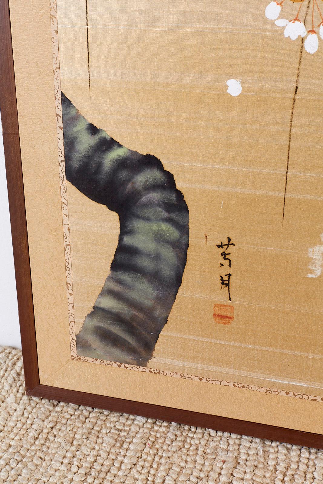 Japanese Four-Panel Prunus Blossom on Silk Screen In Good Condition In Rio Vista, CA