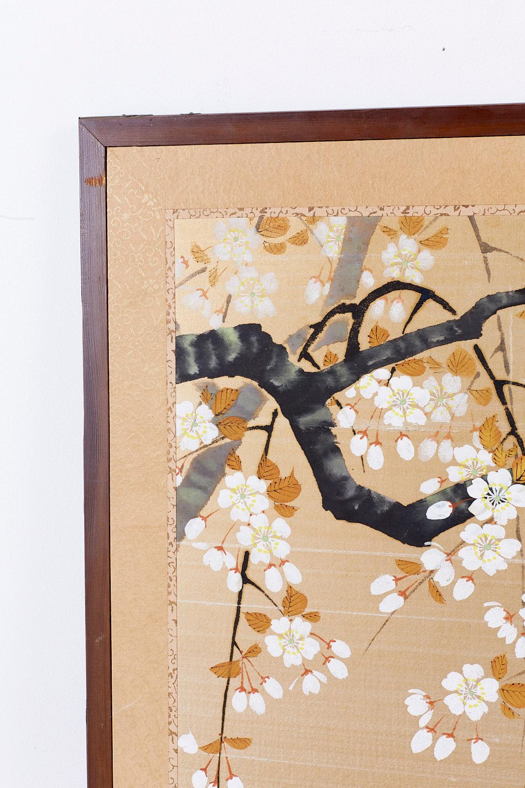 20th Century Japanese Four-Panel Prunus Blossom on Silk Screen