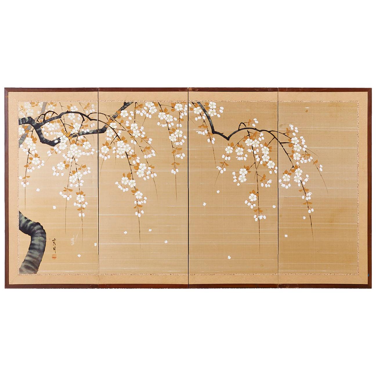Japanese Four-Panel Prunus Blossom on Silk Screen