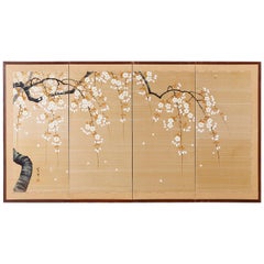 Japanese Four-Panel Prunus Blossom on Silk Screen